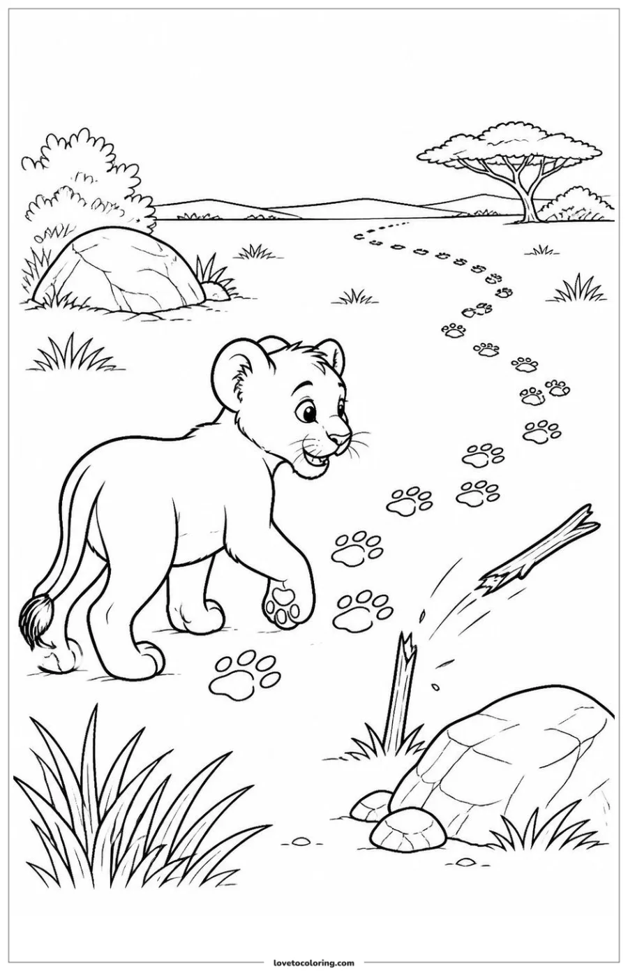 Dibujo para colorear de lion cub following a curved trail of footprints