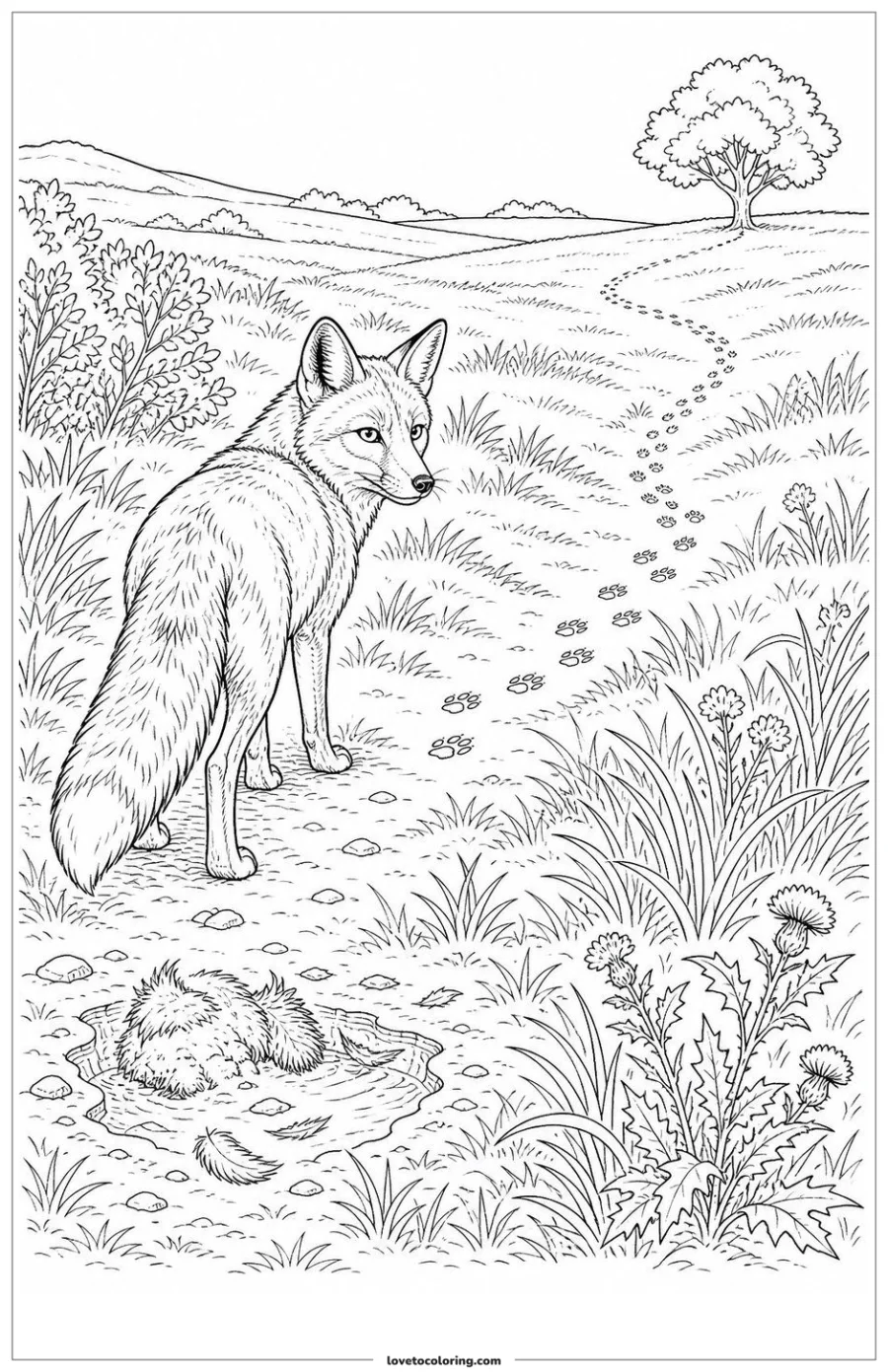 Dibujo para colorear de fox looking back toward a distant family trail