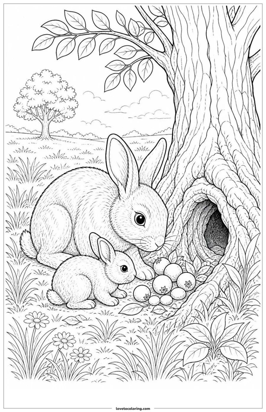 Dibujo para colorear de rabbit investigating fruit beneath a tree