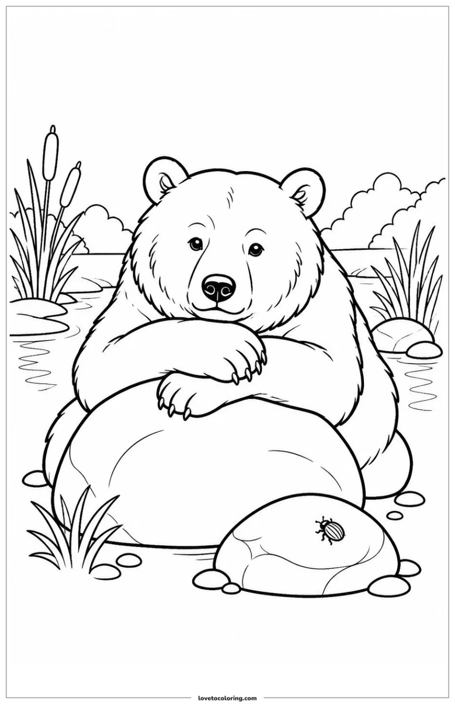 Black-and-white printable coloring page showing a bear resting beside a sun-warmed stone.