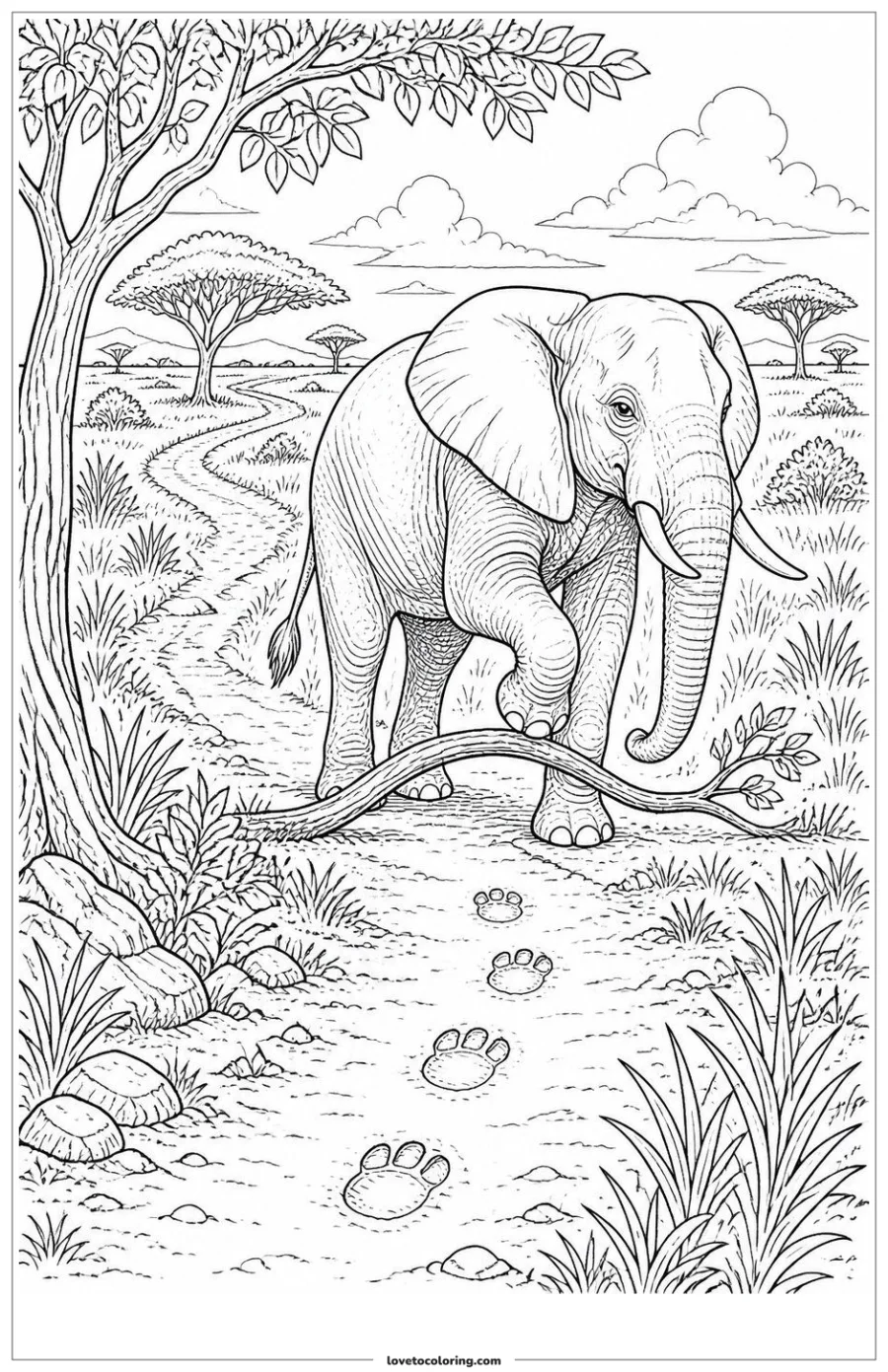 Dibujo para colorear de elephant stepping over a fallen branch