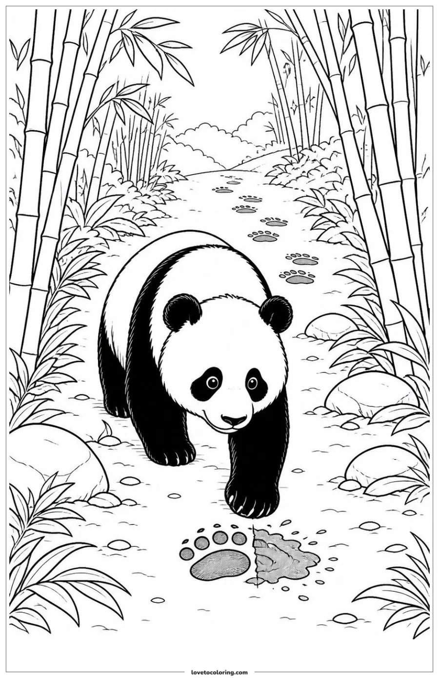 Dibujo para colorear de panda following a curved trail of footprints