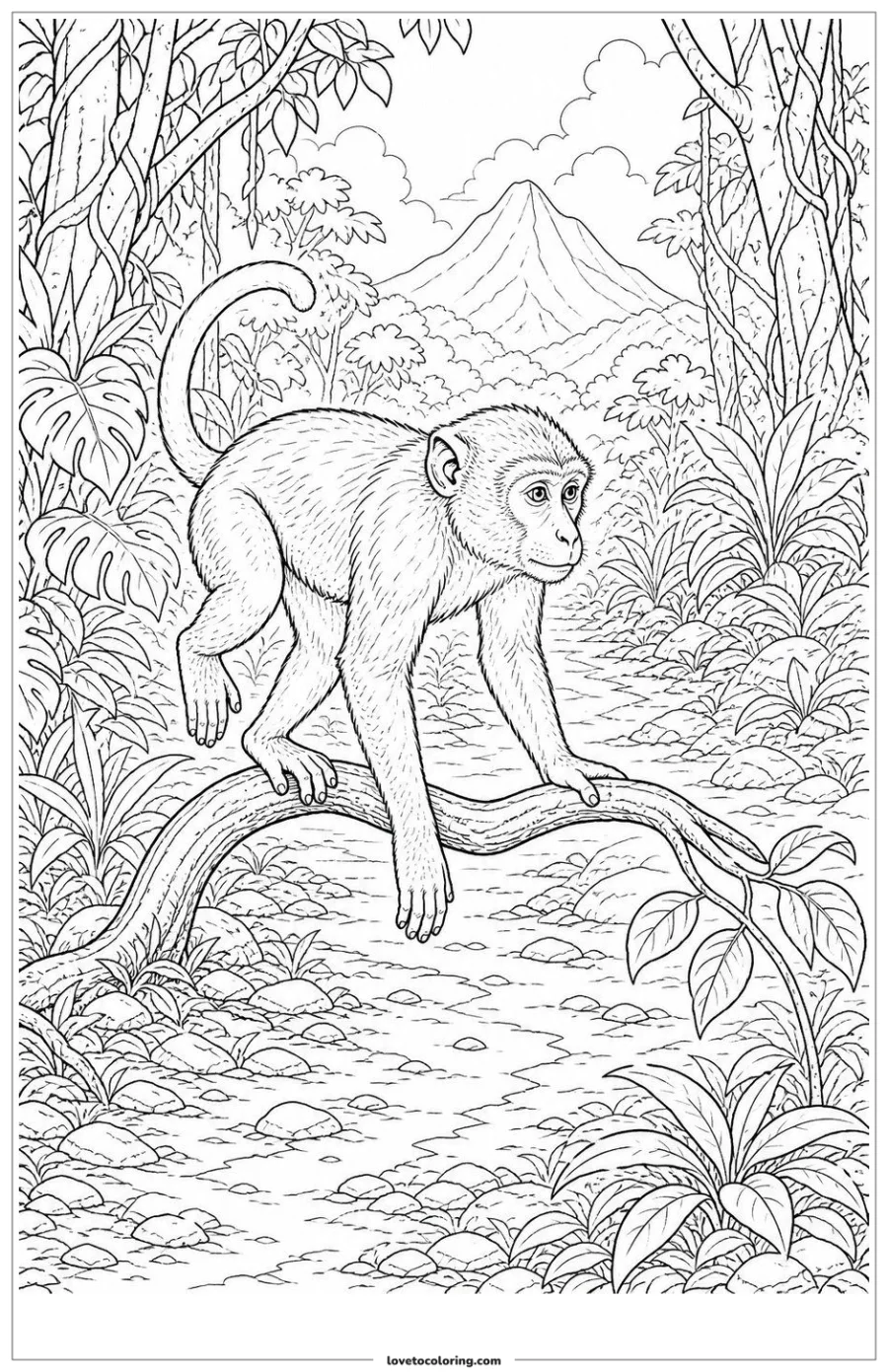 Dibujo para colorear de monkey stepping over a fallen branch
