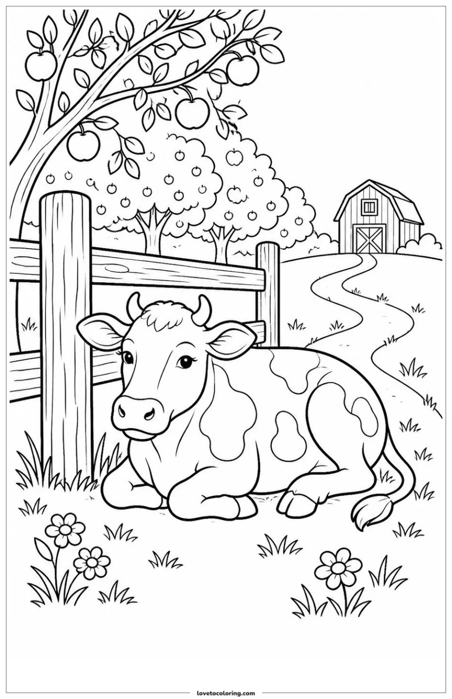 Dibujo para colorear de cow resting in the shade of a fence