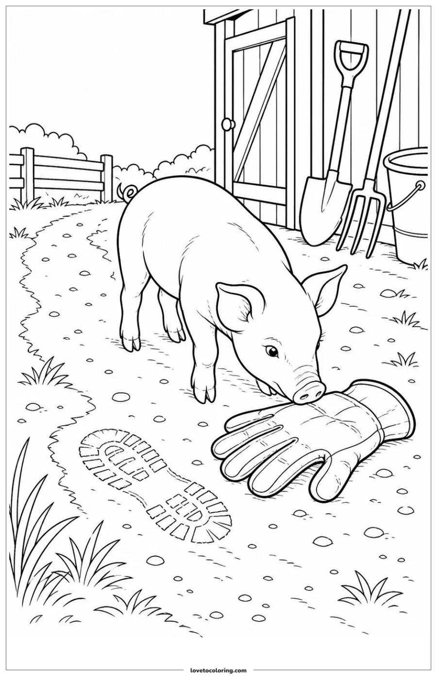 Dibujo para colorear de piglet investigating a dropped work glove