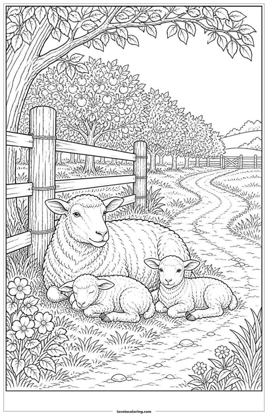 Dibujo para colorear de sheep resting in the shade of a fence