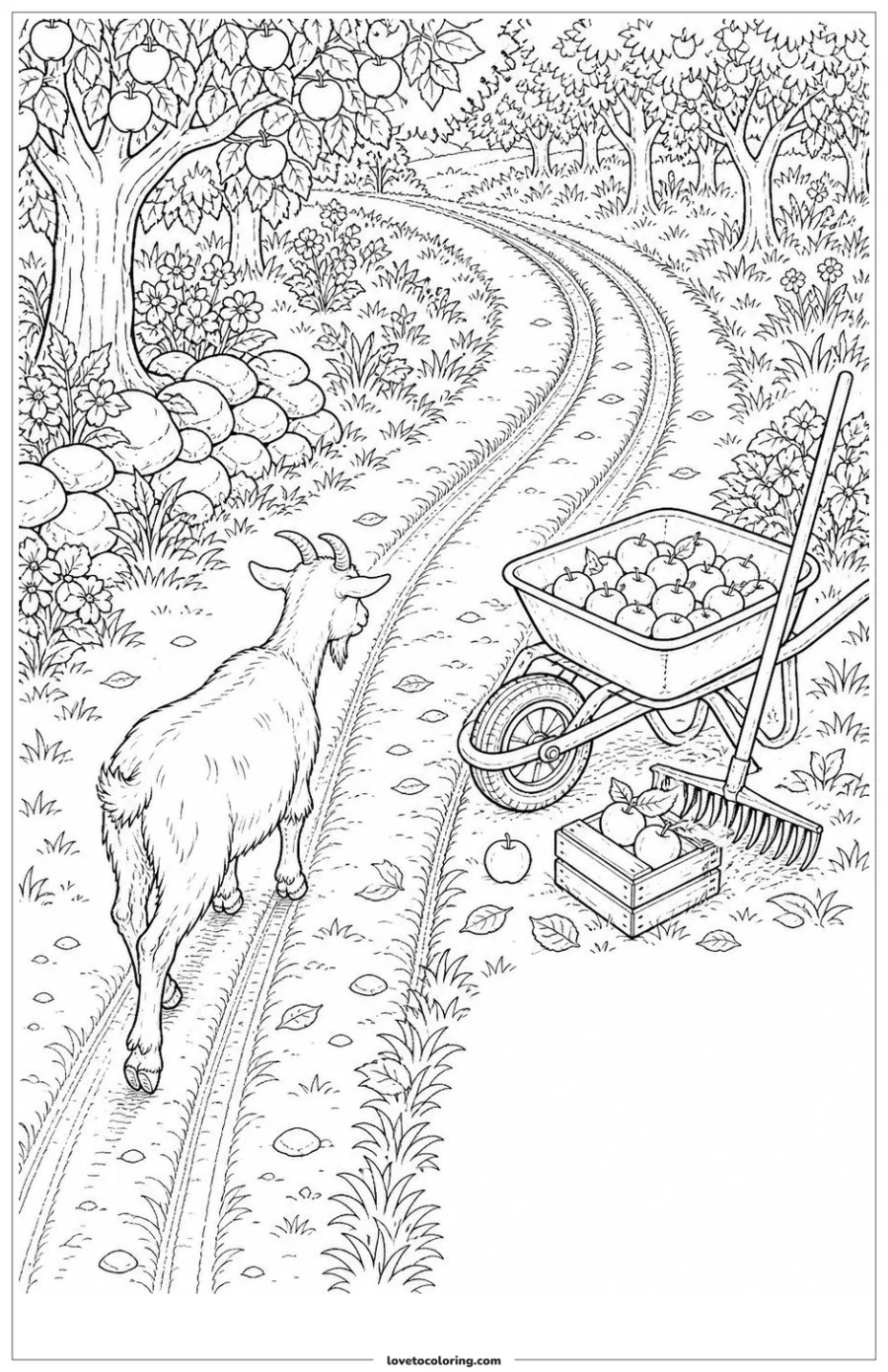 Dibujo para colorear de goat following a wheelbarrow track