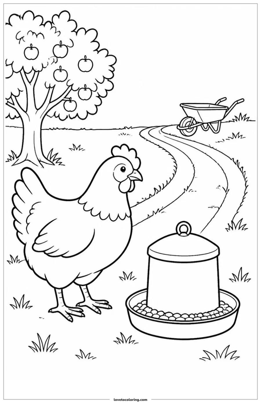 Dibujo para colorear de chicken waiting near a freshly filled feeder