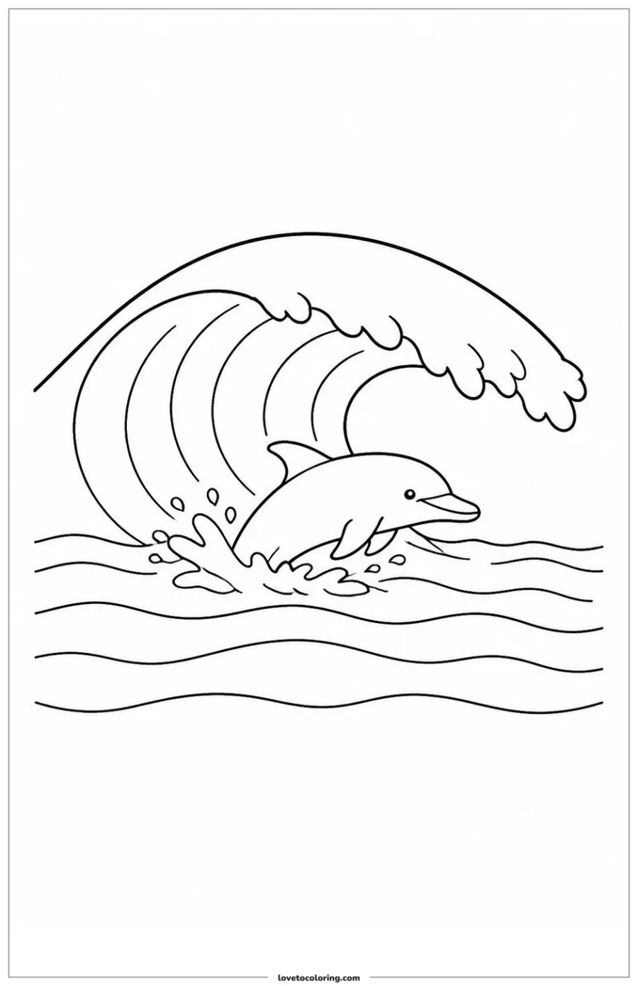 Black-and-white printable coloring page showing a dolphin surfacing beneath a broad wave.