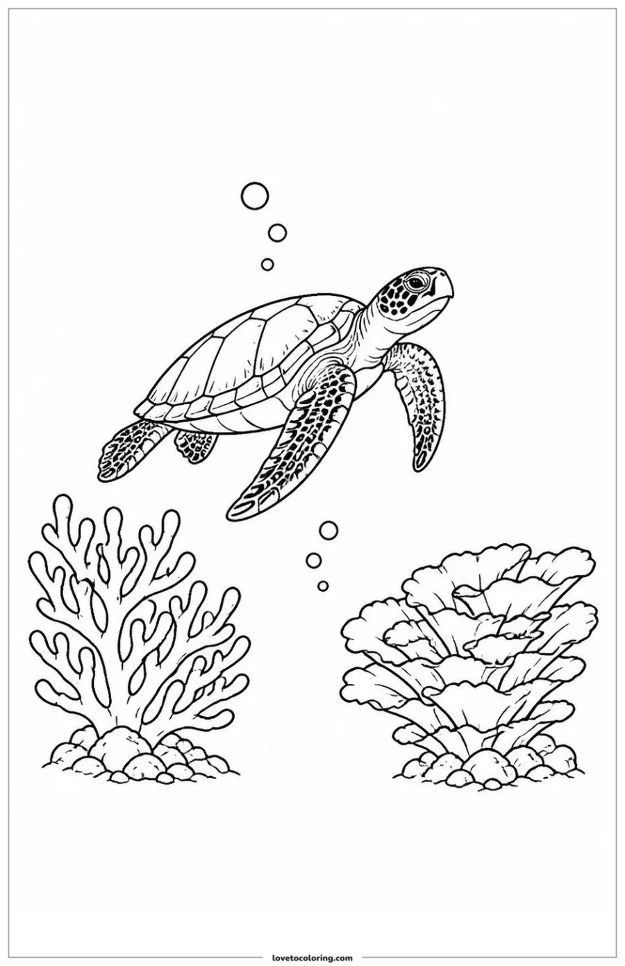 Dibujo para colorear de sea turtle moving between two coral forms