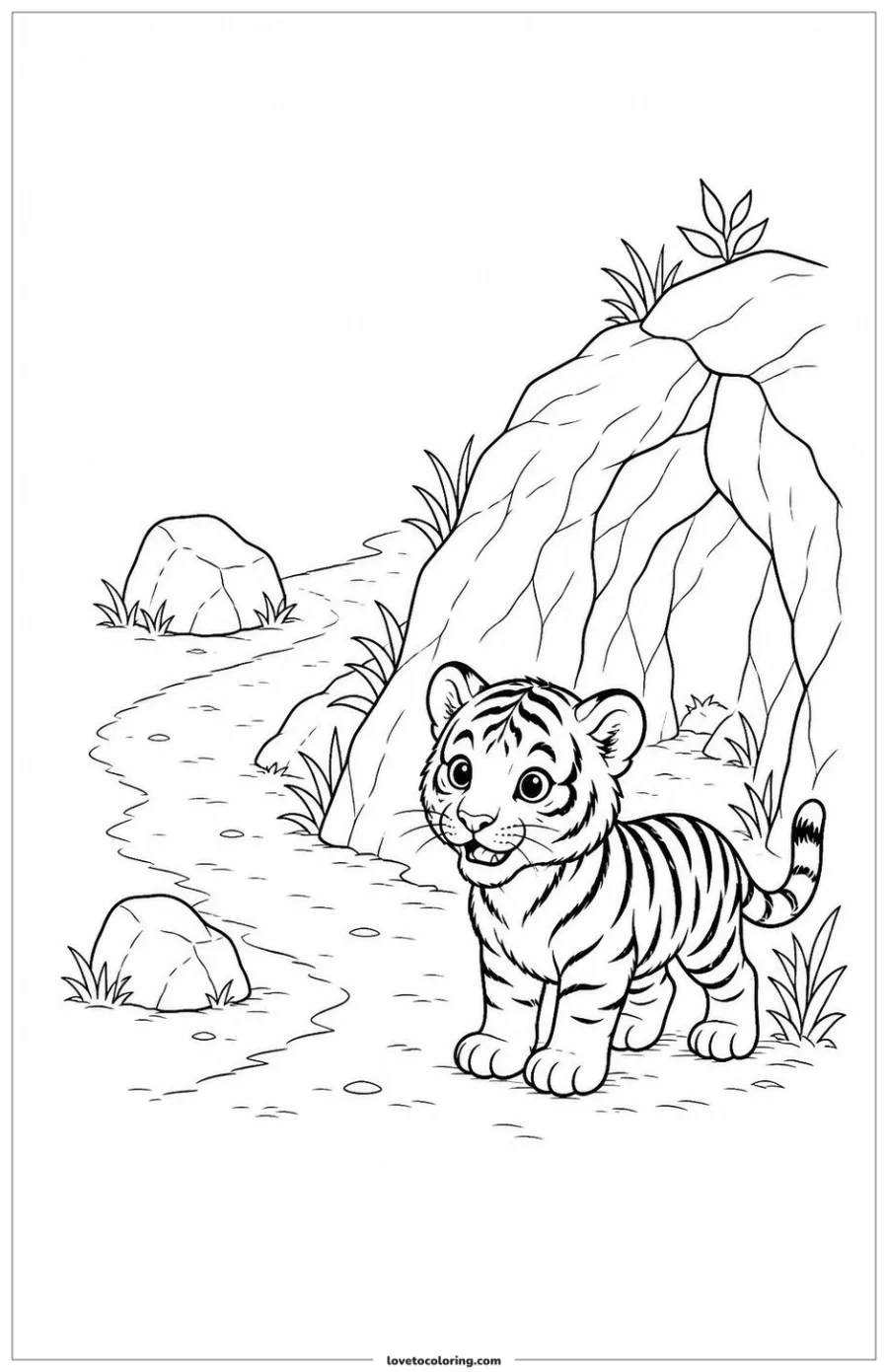 Dibujo para colorear de baby tiger standing at the entrance to a habitat path