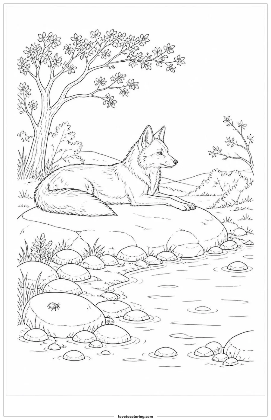 Dibujo para colorear de fox resting beside a sun-warmed stone