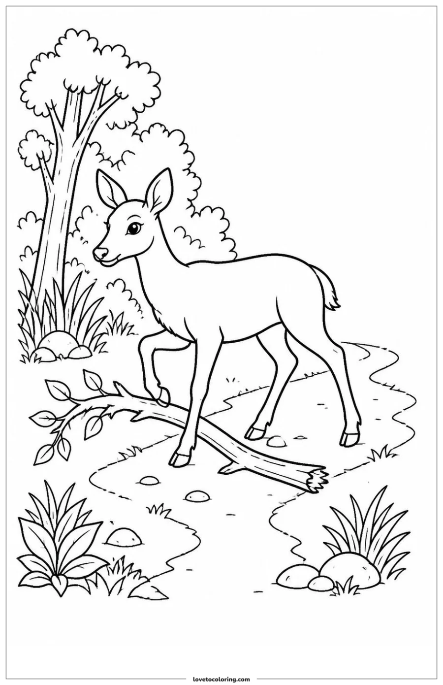 Black-and-white printable coloring page showing a deer stepping over a fallen branch.