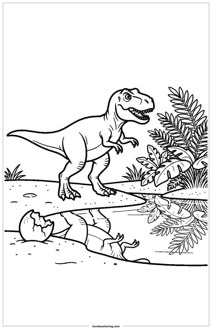 Dibujo para colorear de pequeño t. rex entre plantas prehistóricas