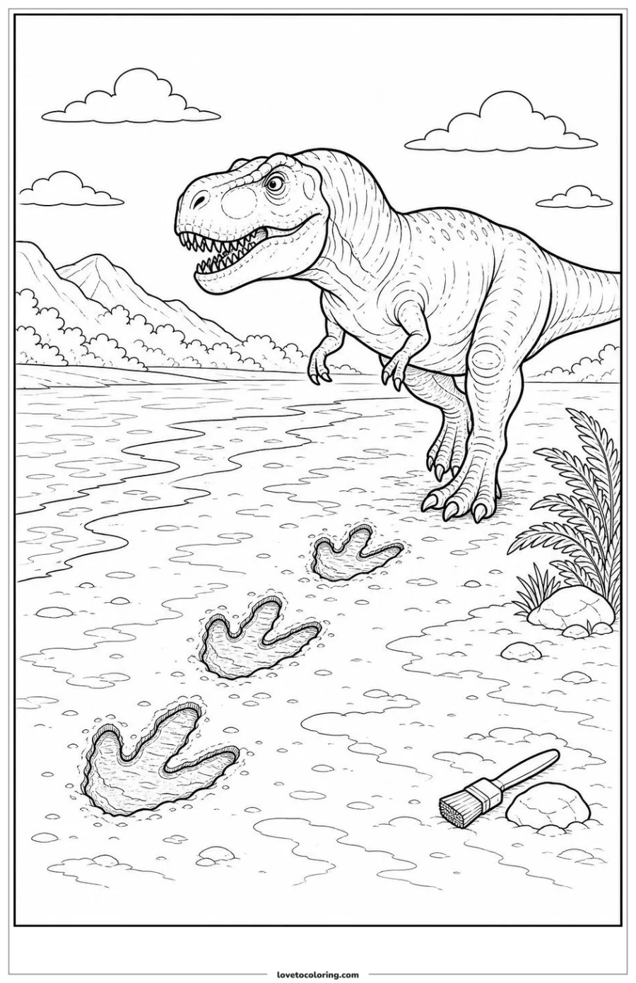 Dibujo para colorear de t. rex dejando huellas en el barro