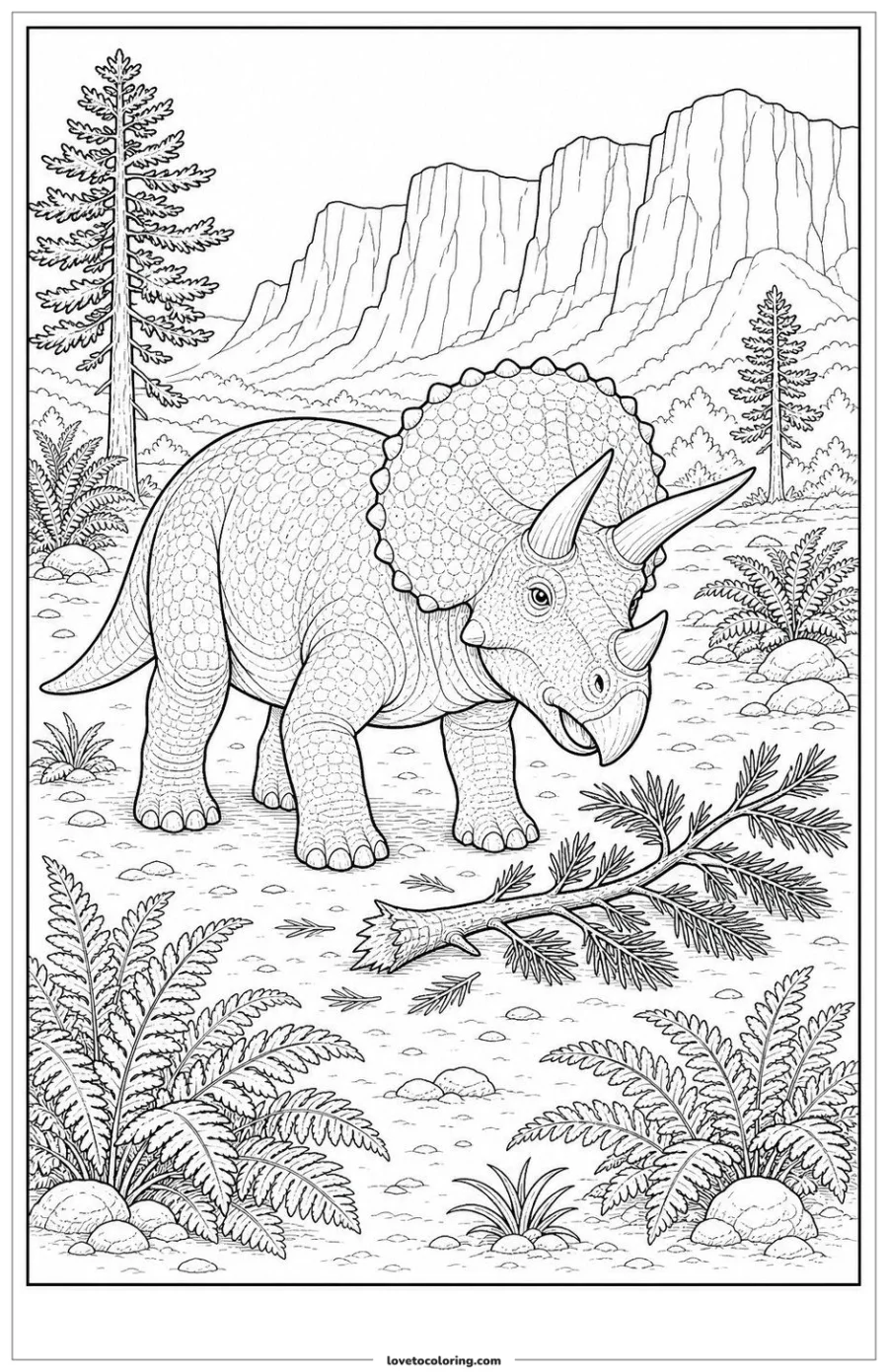 Dibujo para colorear de tricerátops junto a una rama caída