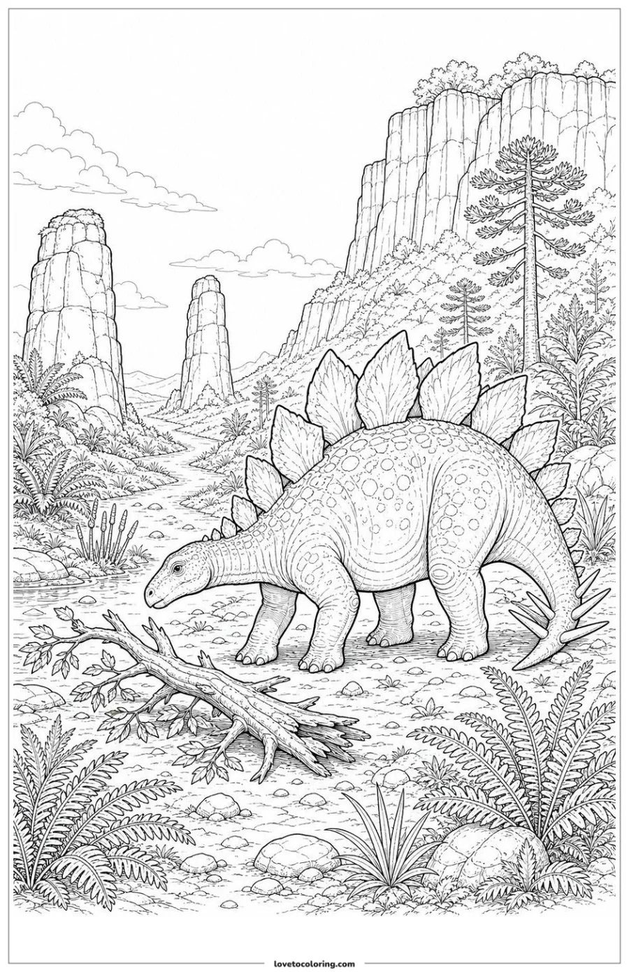 Dibujo para colorear de stegosaurus pausing beside a newly fallen branch