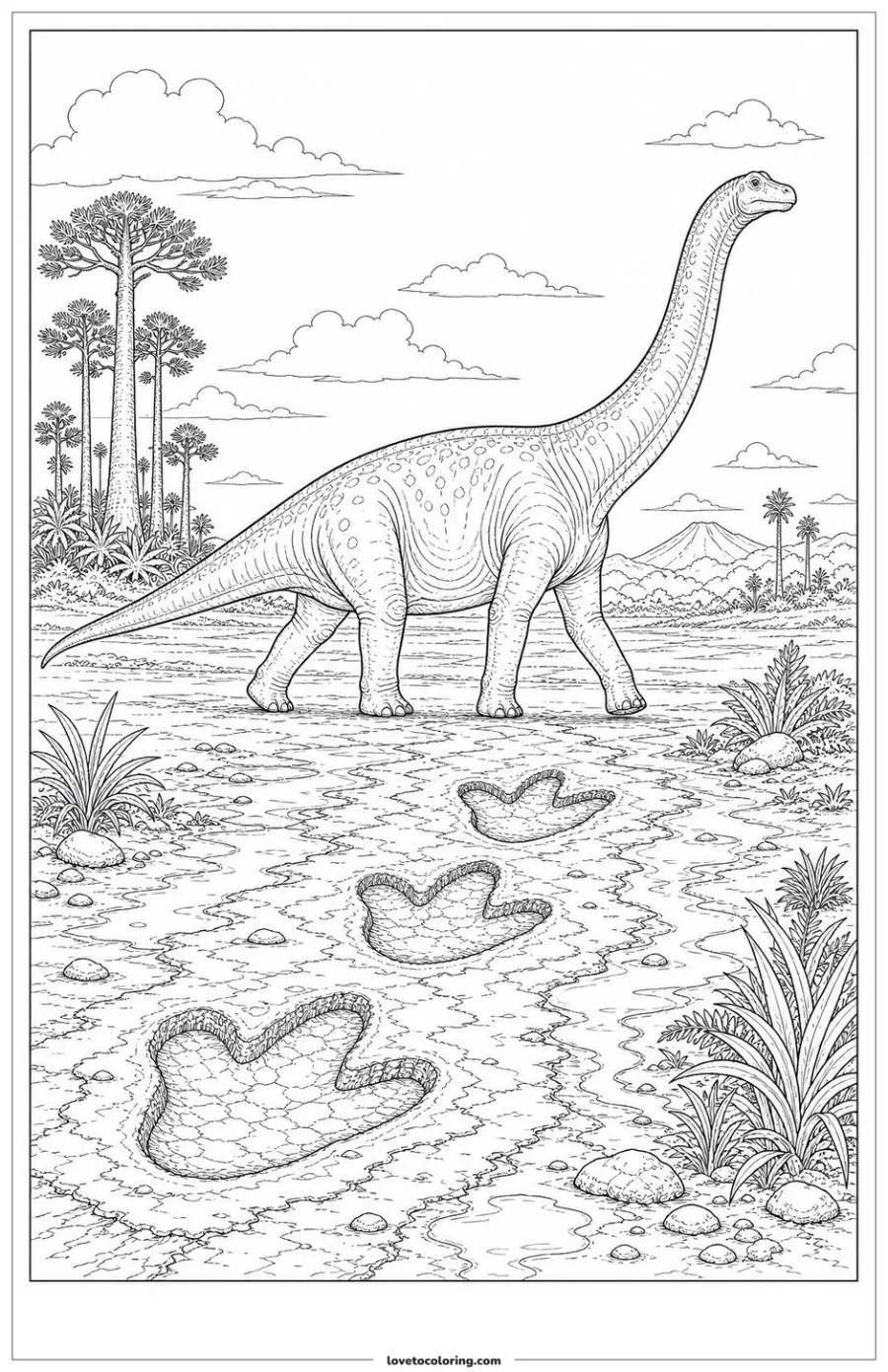 Black-and-white printable coloring page showing a brachiosaurus leaving footprints in soft mud.