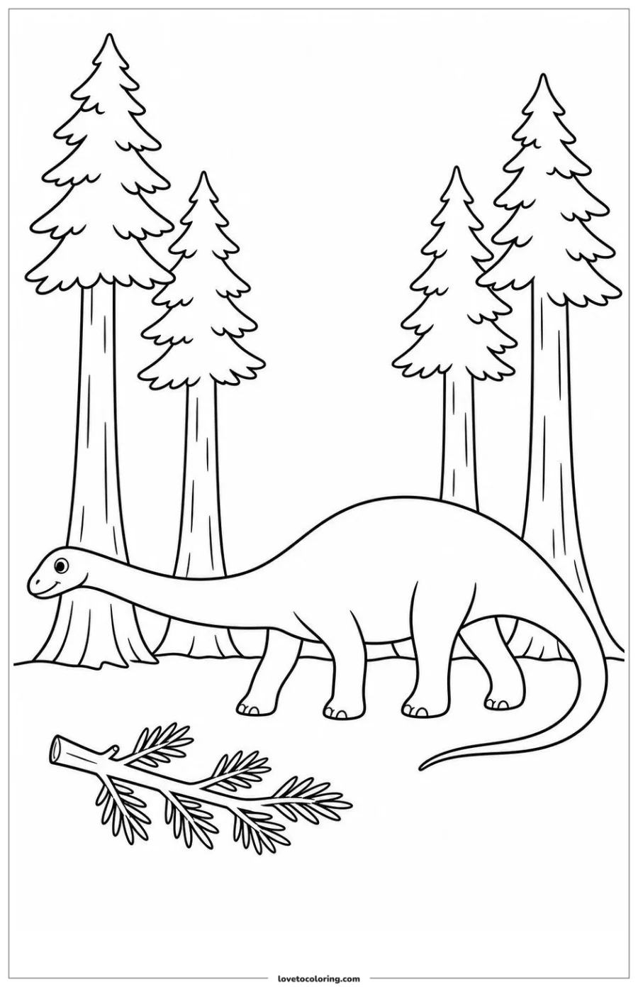 Dibujo para colorear de diplodocus moving beneath tall conifers