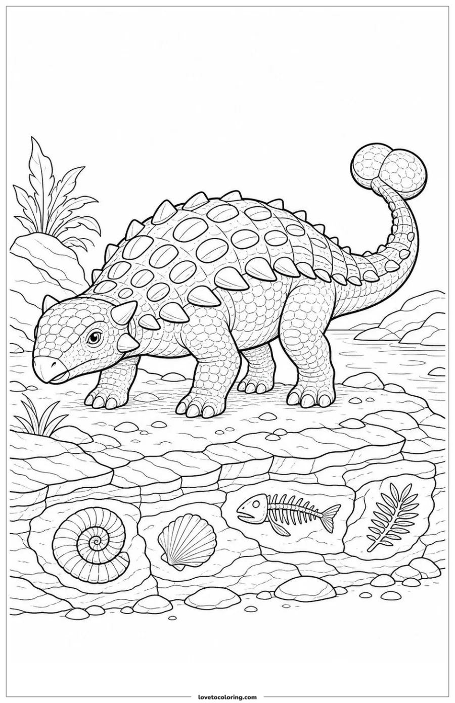 Black-and-white printable coloring page showing an ankylosaurus standing at the edge of a fossil-rich bank.