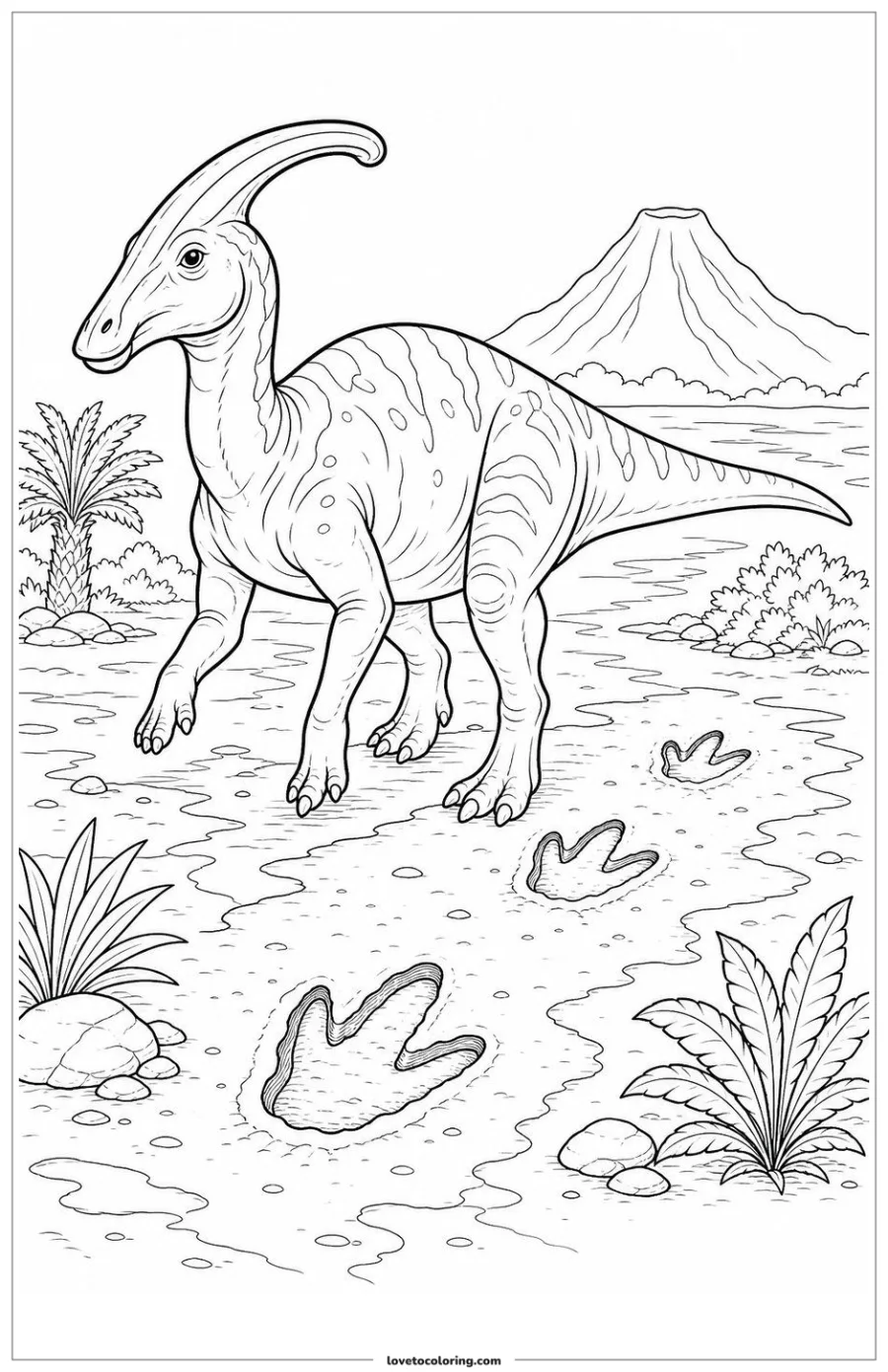 Black-and-white printable coloring page showing a parasaurolophus leaving footprints in soft mud.