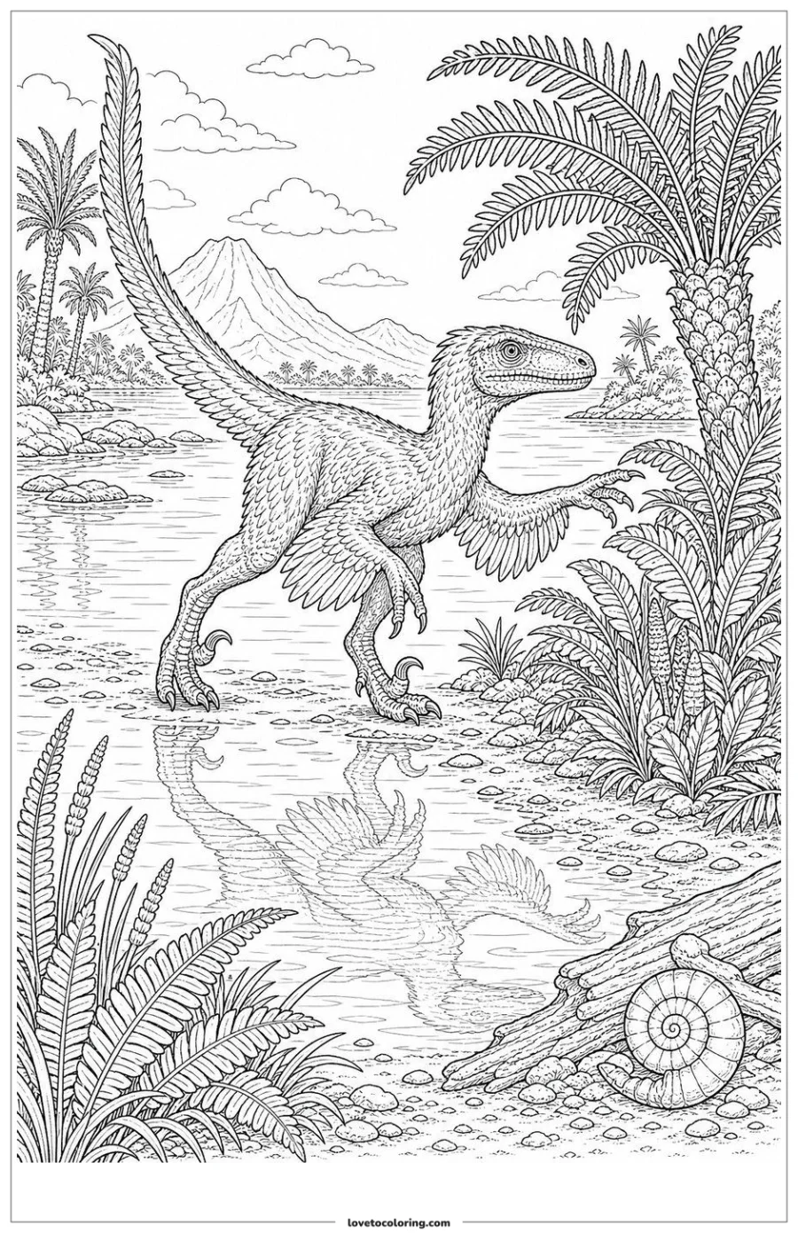 Dibujo para colorear de velociraptor reaching a patch of prehistoric foliage