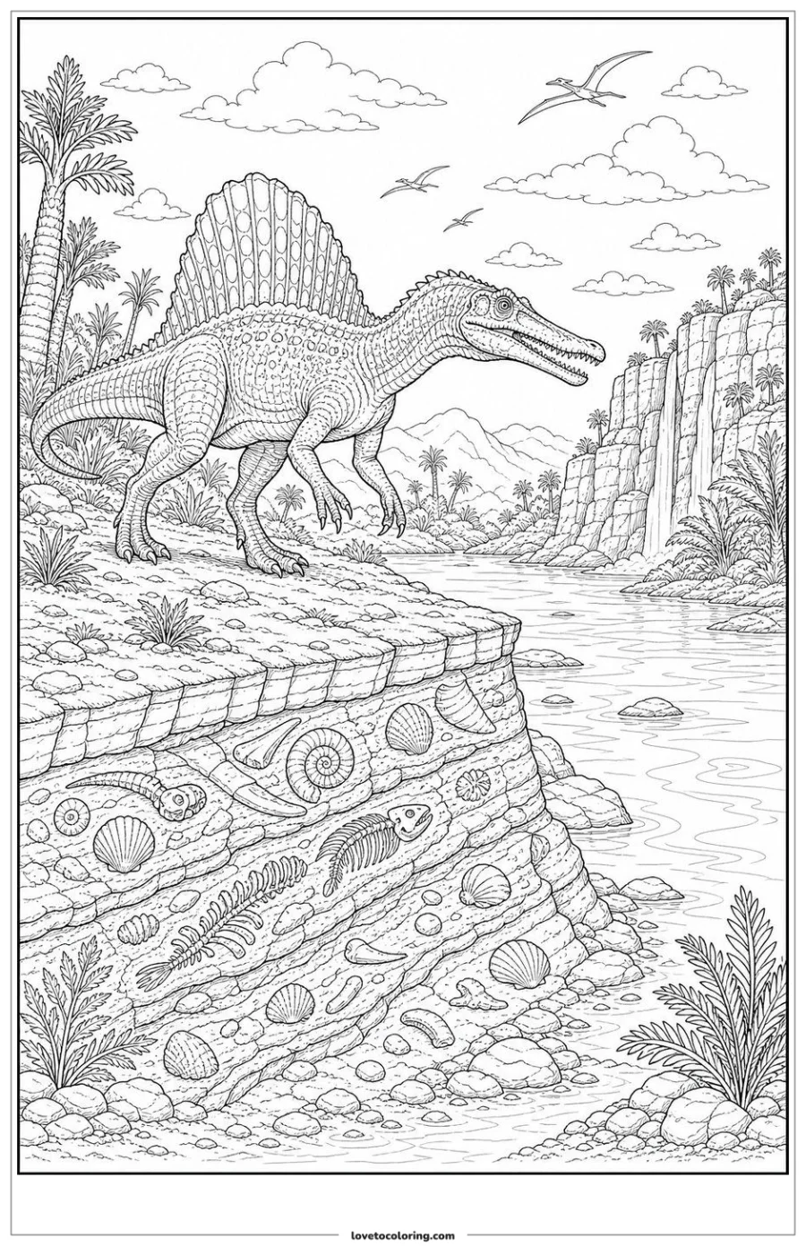 Black-and-white printable coloring page showing a spinosaurus standing at the edge of a fossil-rich bank.