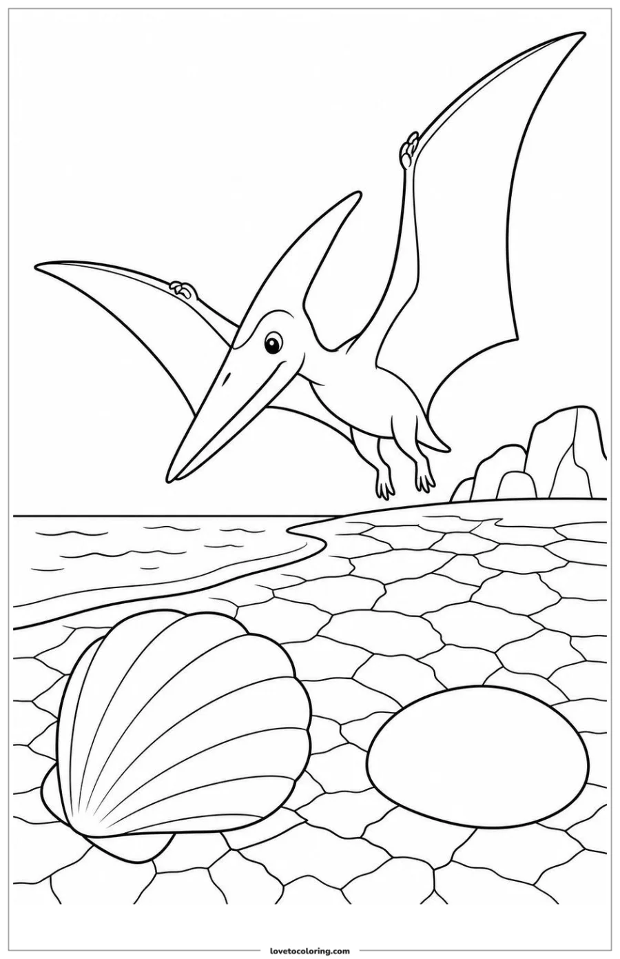 Dibujo para colorear de pteranodon descending toward a sandy shoreline