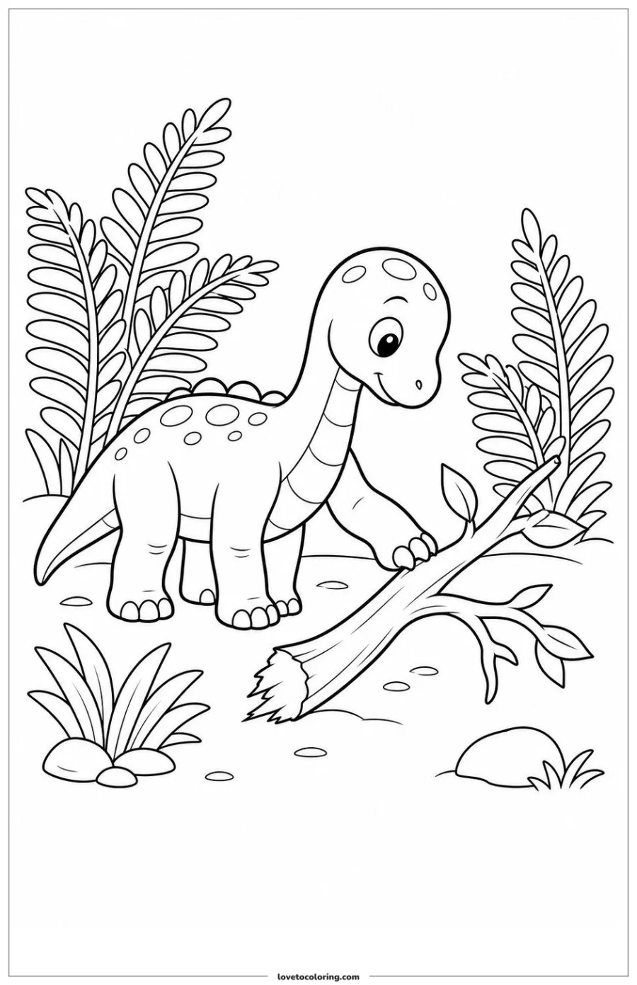 Dibujo para colorear de baby dinosaur pausing beside a newly fallen branch