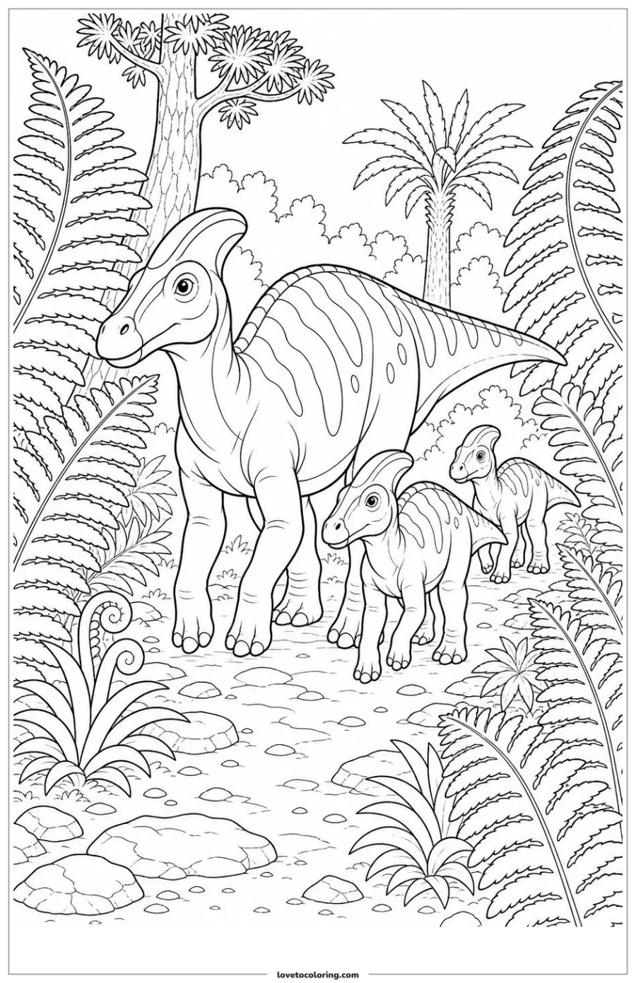 Dibujo para colorear de dinosaur family passing between large fern fronds