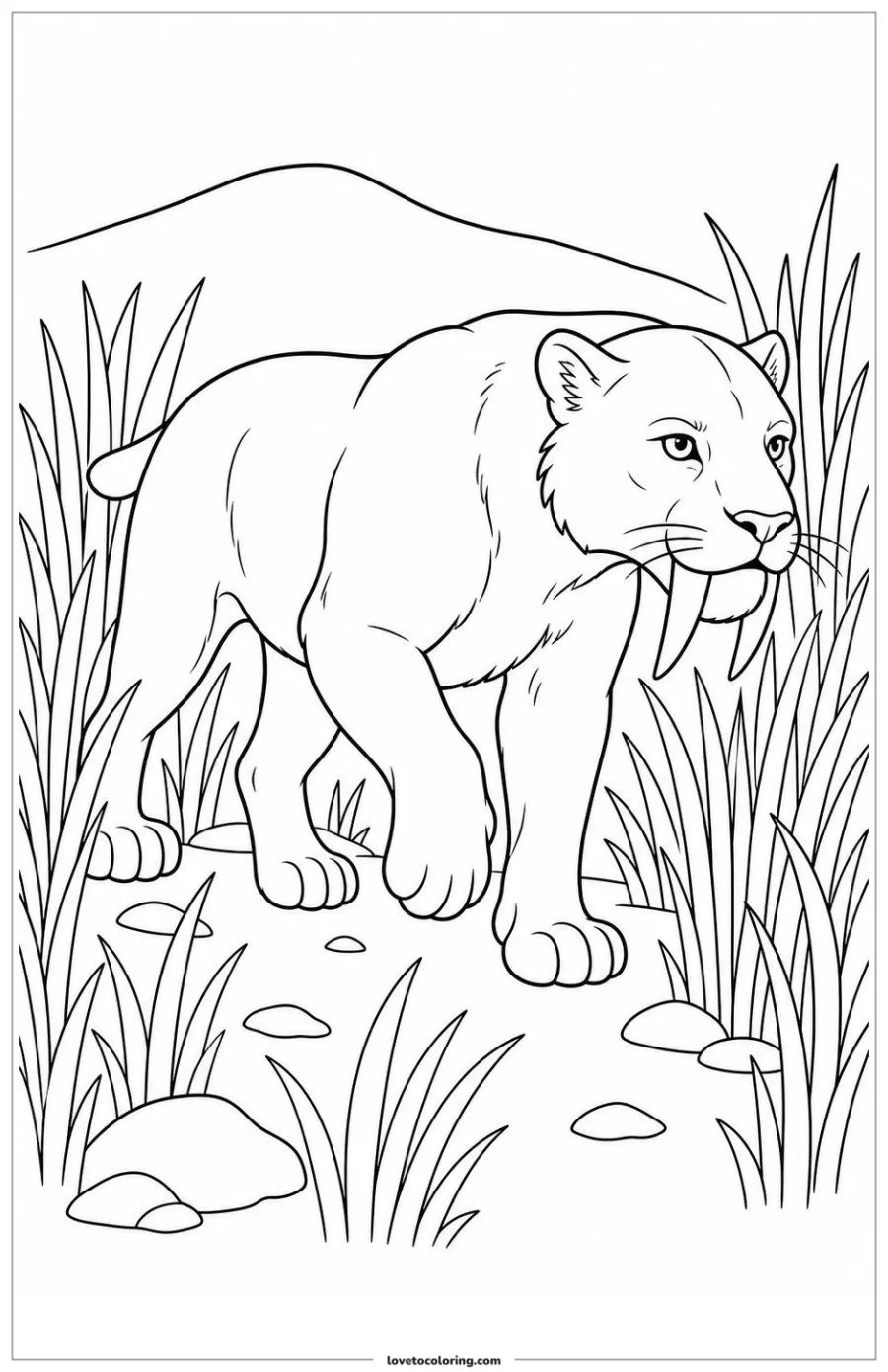 Black-and-white printable coloring page showing a saber-toothed cat moving quietly through tall dry grass.