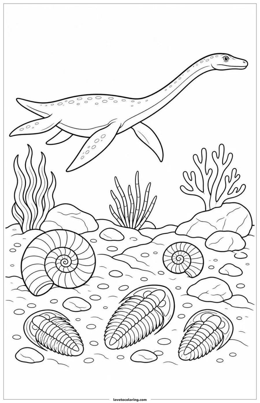 Dibujo para colorear de prehistoric sea reptile crossing above a fossil-rich shelf
