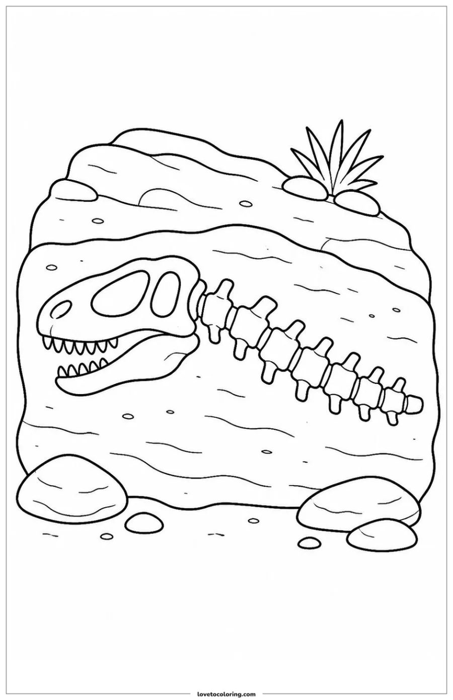 Black-and-white printable coloring page of a dinosaur skull and connected spine in a sediment bank.