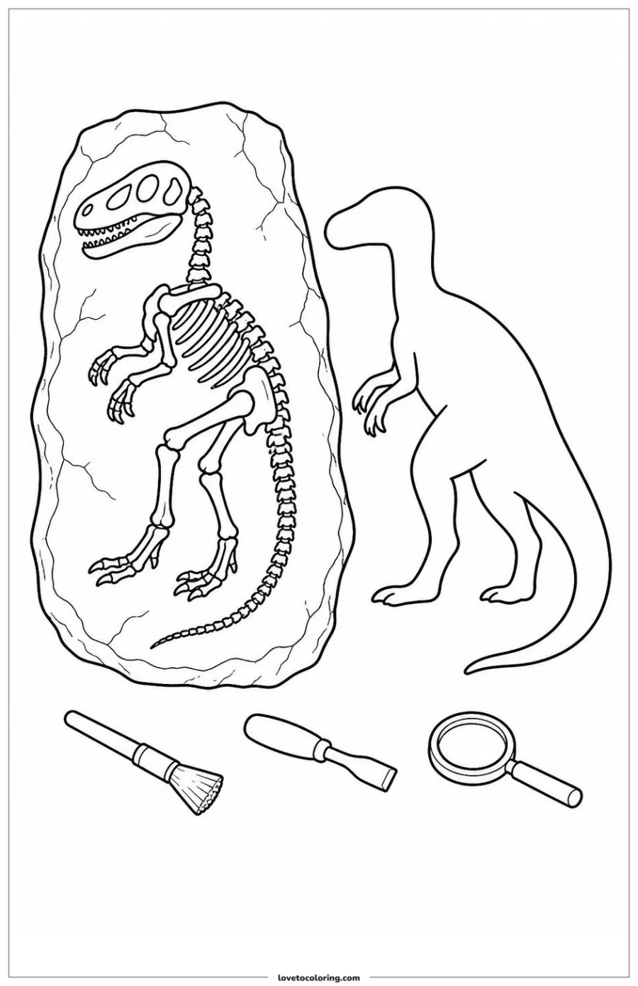 Black-and-white printable coloring page comparing a dinosaur fossil slab with a static reconstruction outline.