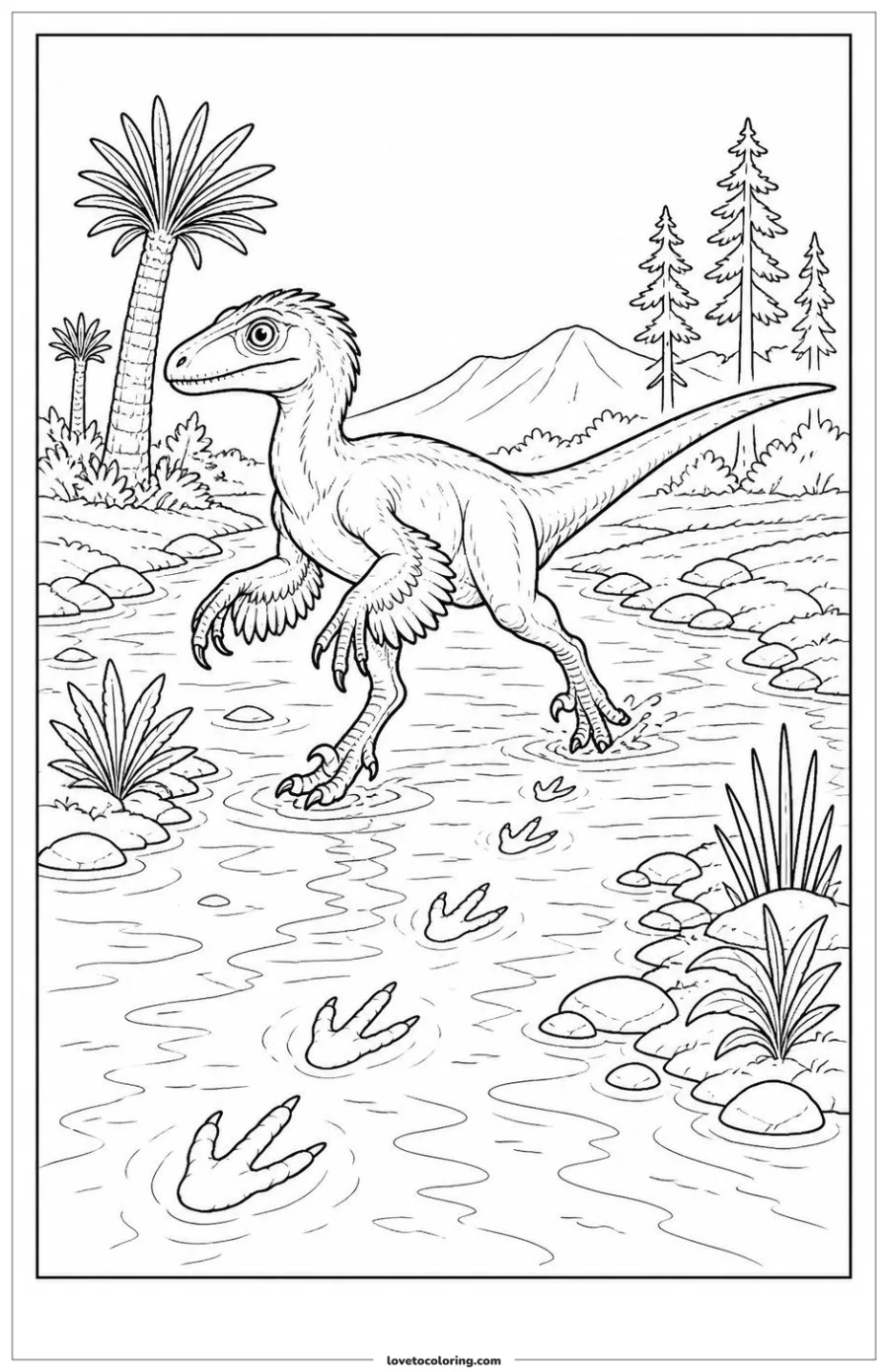 Dibujo para colorear de crossing a shallow prehistoric river