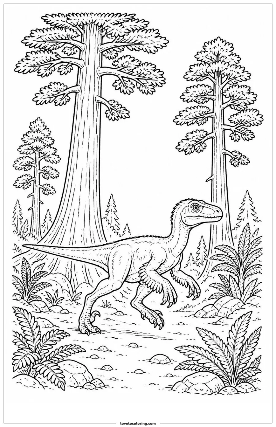 Dibujo para colorear de moving beneath tall prehistoric conifers