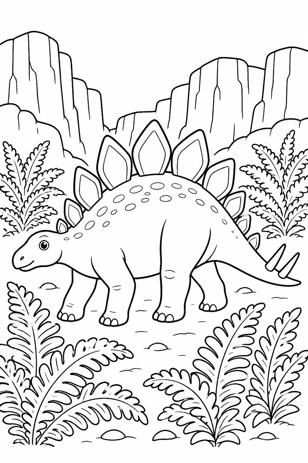 Black-and-white coloring page of a Stegosaurus walking between large ferns with cliffs behind it.