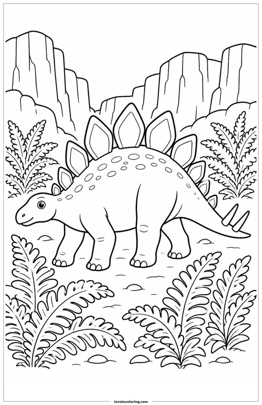Black-and-white coloring page of a Stegosaurus walking between large ferns with cliffs behind it.