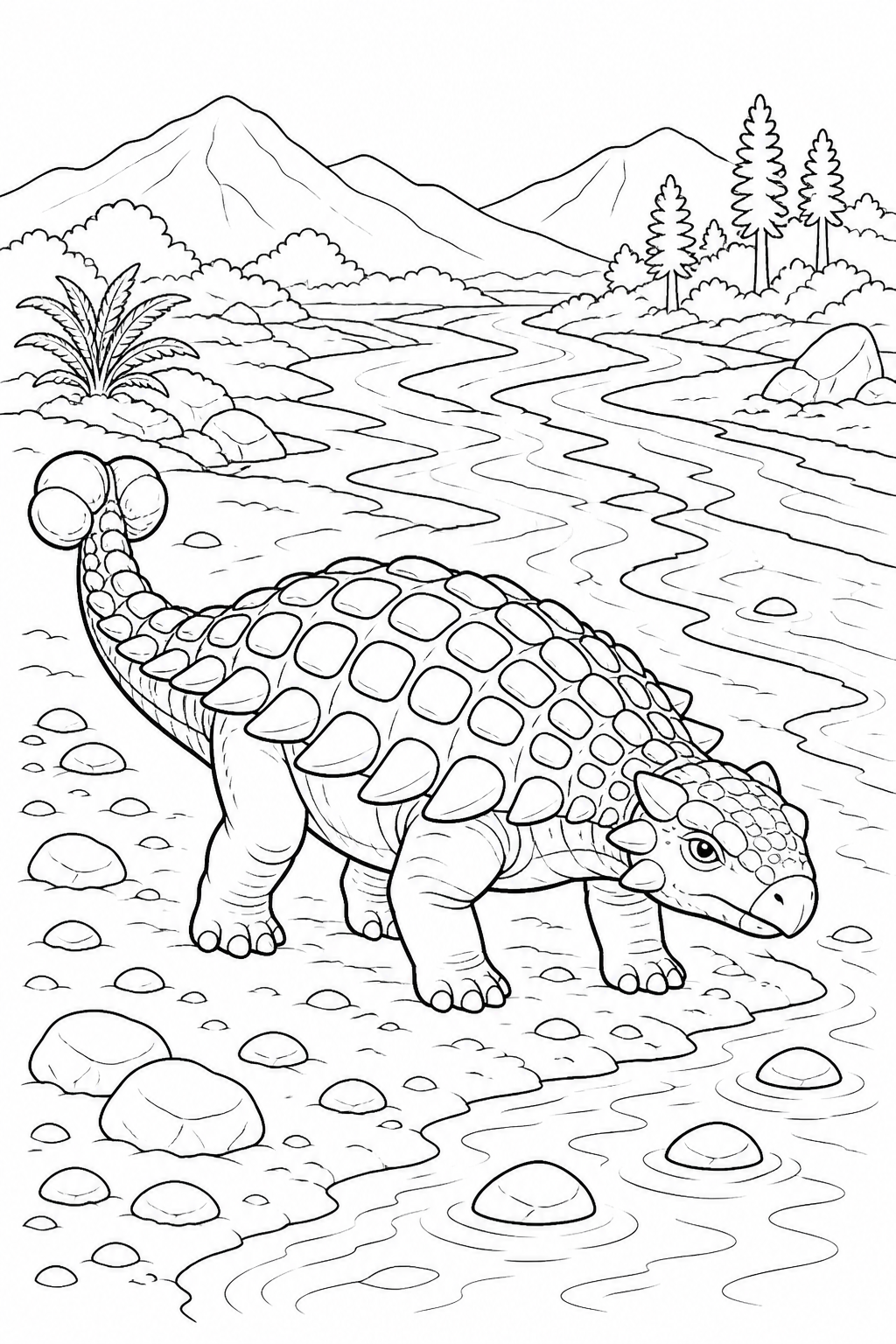 Black-and-white coloring page of a Euoplocephalus standing beside a braided prehistoric river.