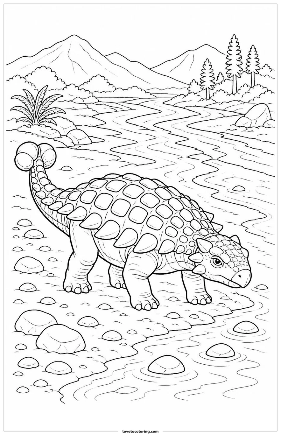 Black-and-white coloring page of a Euoplocephalus standing beside a braided prehistoric river.