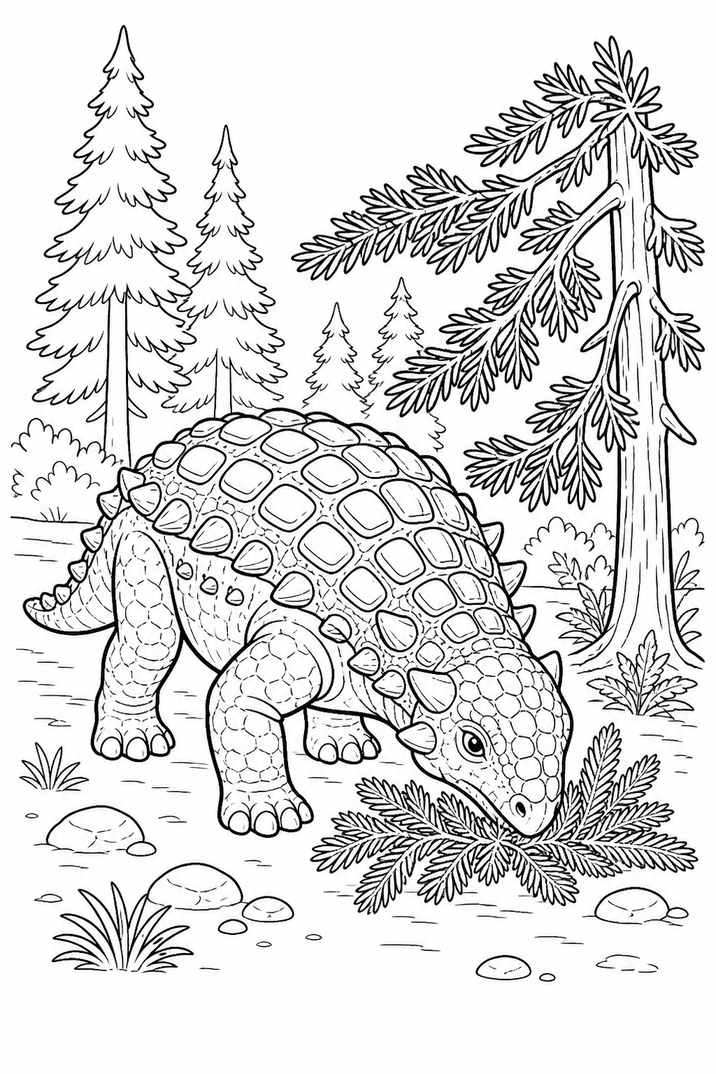 Black-and-white coloring page of a Nodosaurus lowering its head to feed beneath conifer trees.