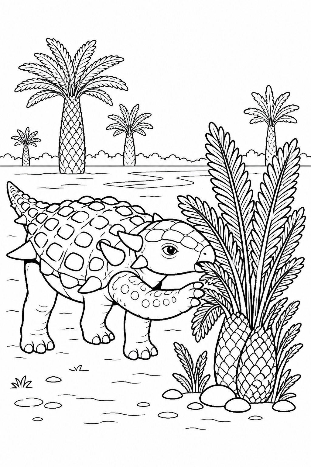 Black-and-white coloring page of a Sauropelta reaching toward broad cycads in a prehistoric floodplain.
