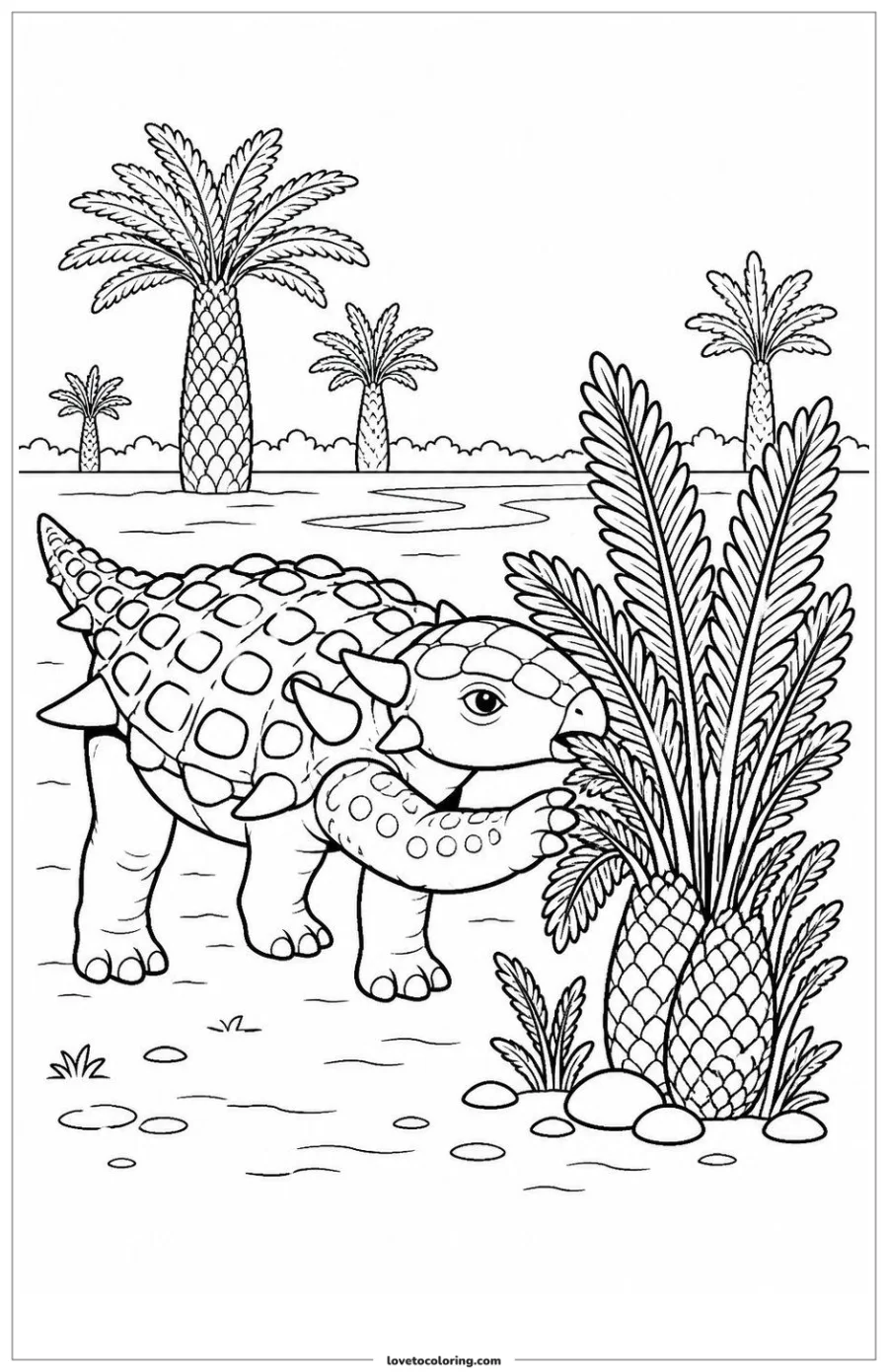 Black-and-white coloring page of a Sauropelta reaching toward broad cycads in a prehistoric floodplain.