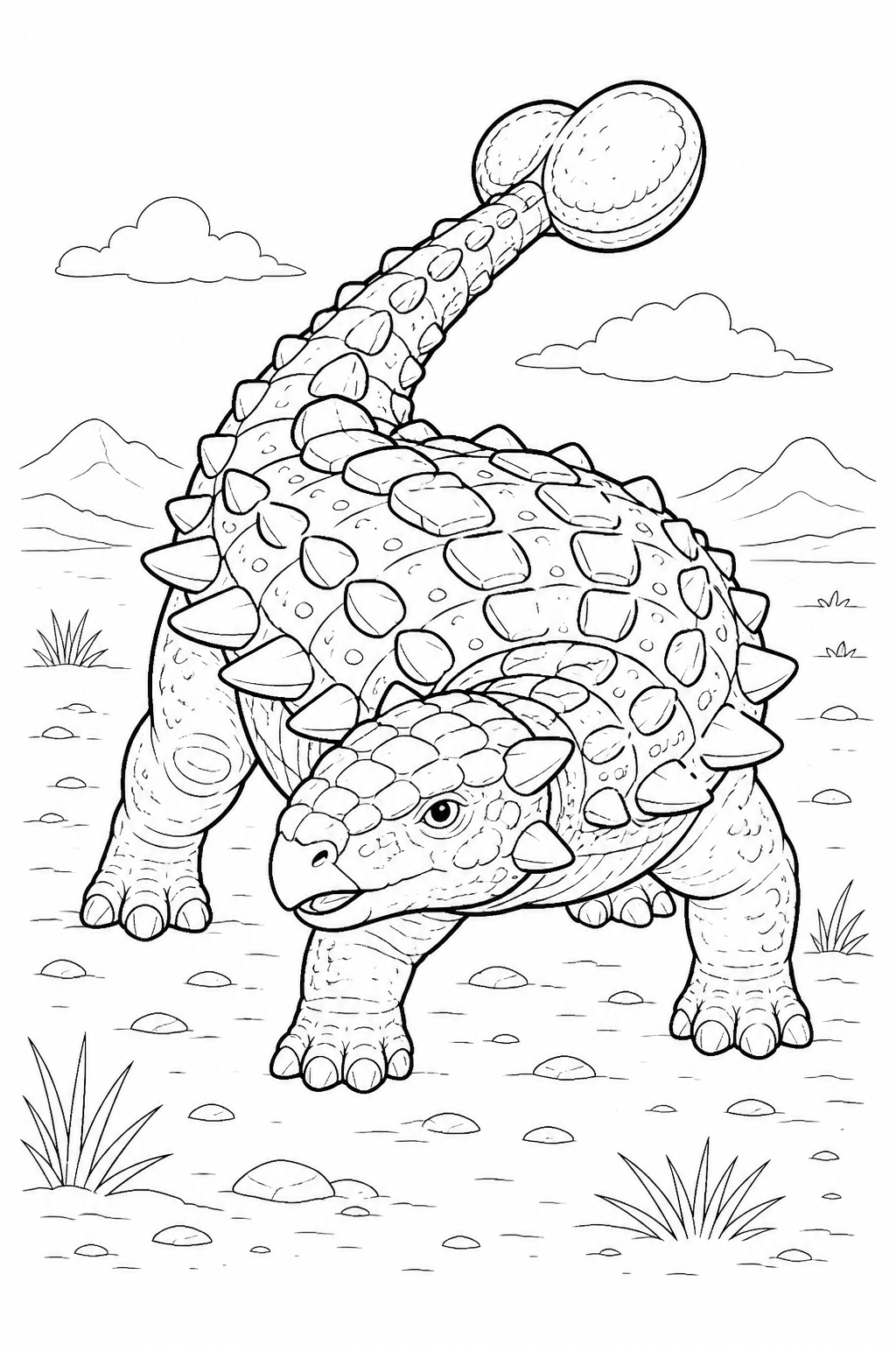 Black-and-white coloring page of an Ankylosaurus turning with its large tail club raised.