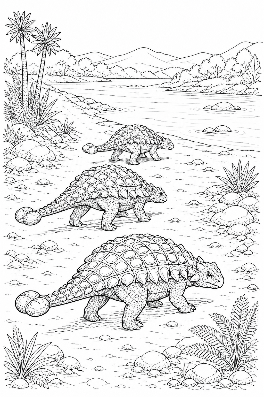 Black-and-white coloring page of three armored dinosaurs walking in a line along a prehistoric riverbank.