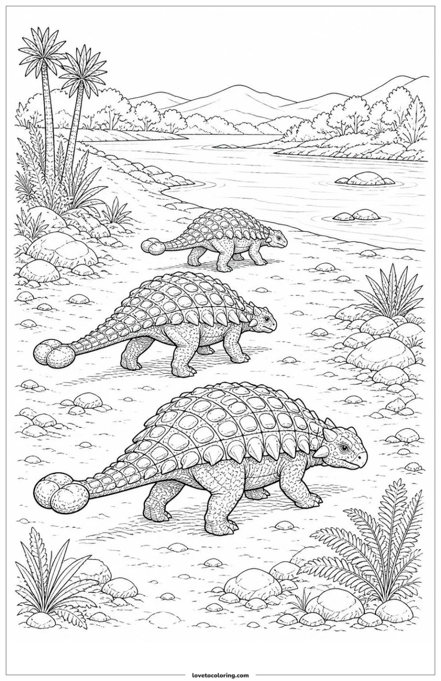 Black-and-white coloring page of three armored dinosaurs walking in a line along a prehistoric riverbank.