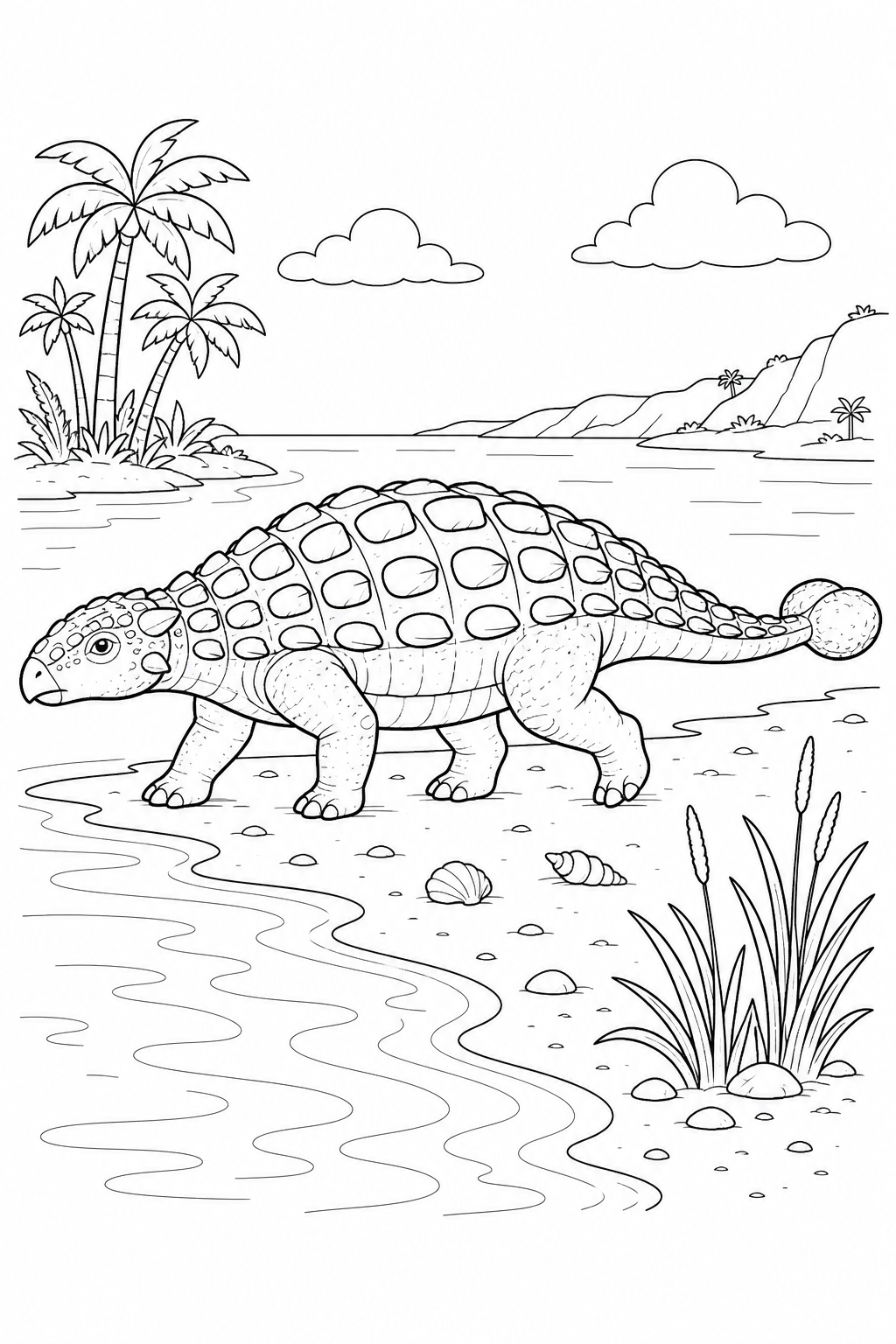 Black-and-white coloring page of an armored dinosaur walking beside a coastal lagoon with palms and shells.