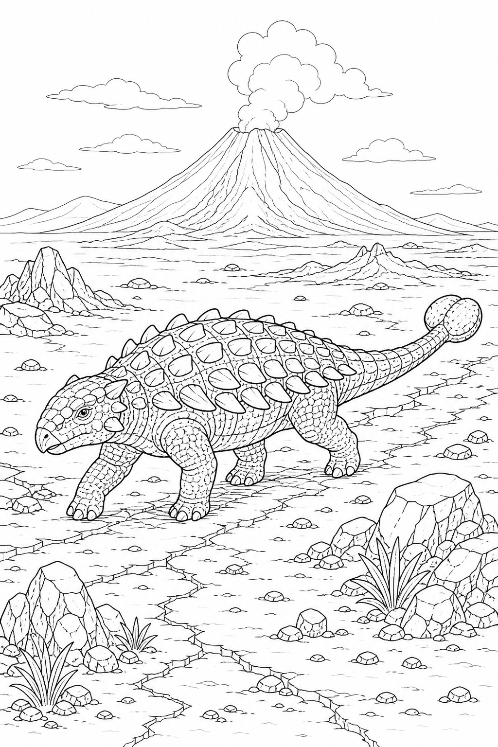 Black-and-white coloring page of an armored dinosaur crossing cracked ground below a smoking prehistoric volcano.