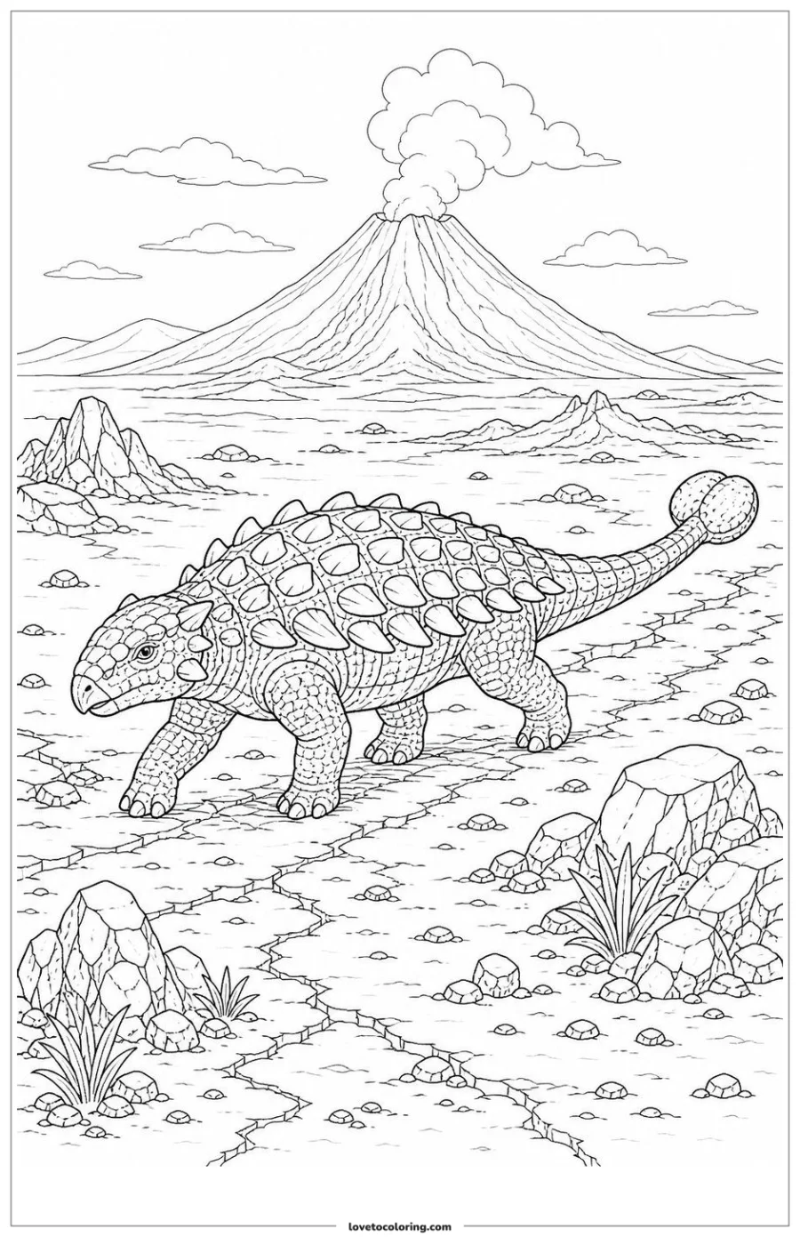 Dibujo para colorear de armored dinosaur below a volcano