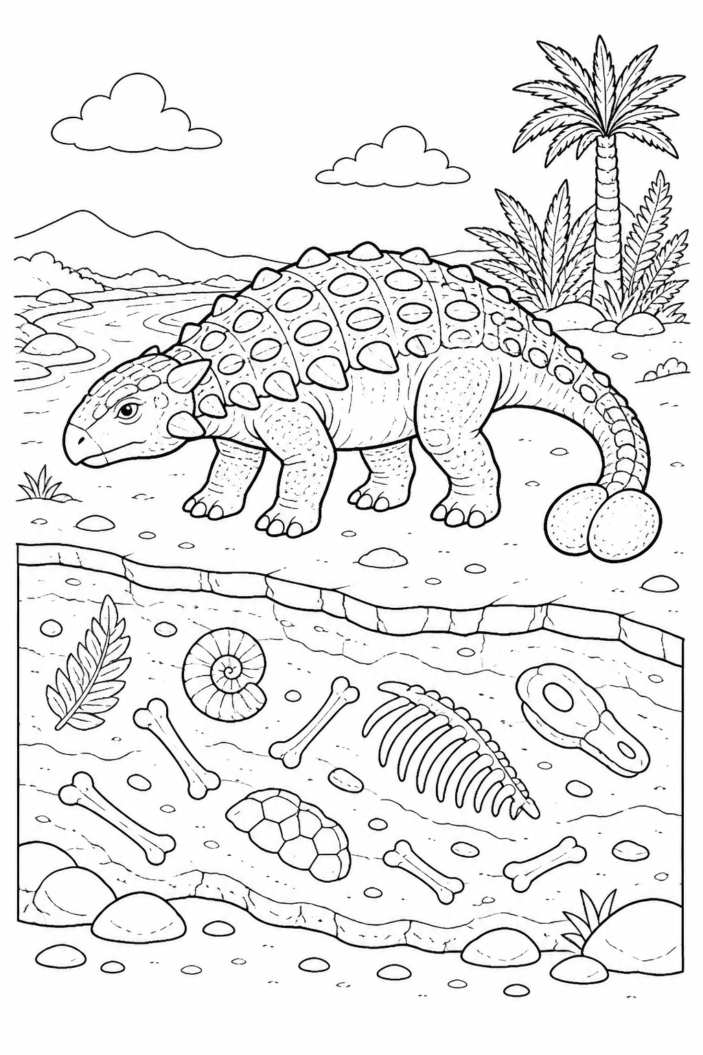 Black-and-white coloring page of an Ankylosaurus beside a cutaway fossil layer with bones and shells.